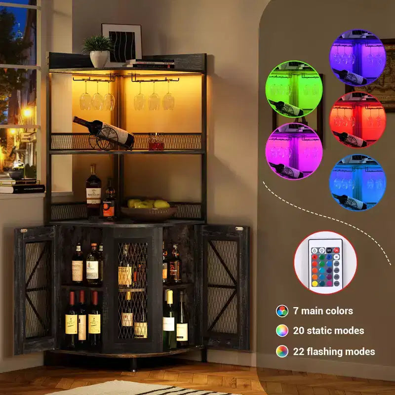 5-Tiers Corner Bar Cabinet with Power Outlet, Industrial Tall Wine Cabinet with LED Lights, Glass Holder, Storage, for Living Room/Kitchen