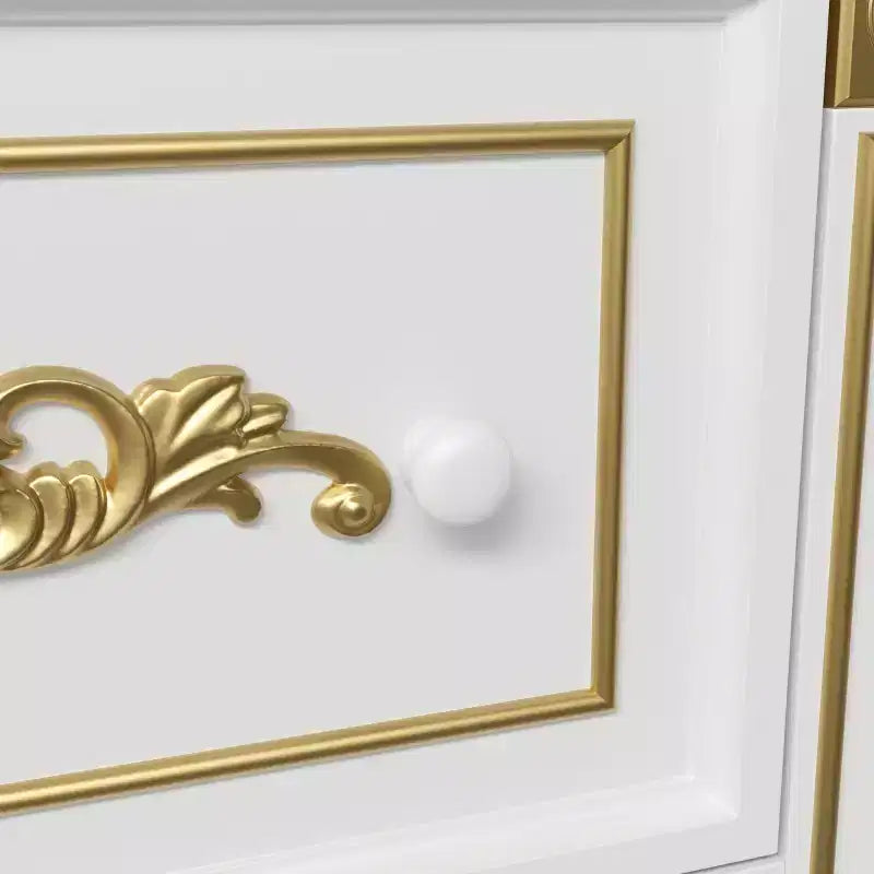 White Decorative Storage Cabinet with LED Spotlight and Ornate Gold Carvings for Living Room & Entryway