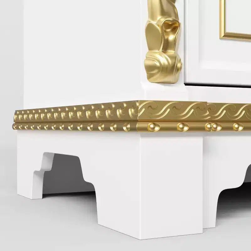 White Decorative Storage Cabinet with LED Spotlight and Ornate Gold Carvings for Living Room & Entryway