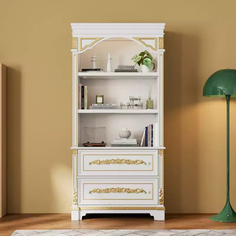 White Decorative Storage Cabinet with LED Spotlight and Ornate Gold Carvings for Living Room & Entryway