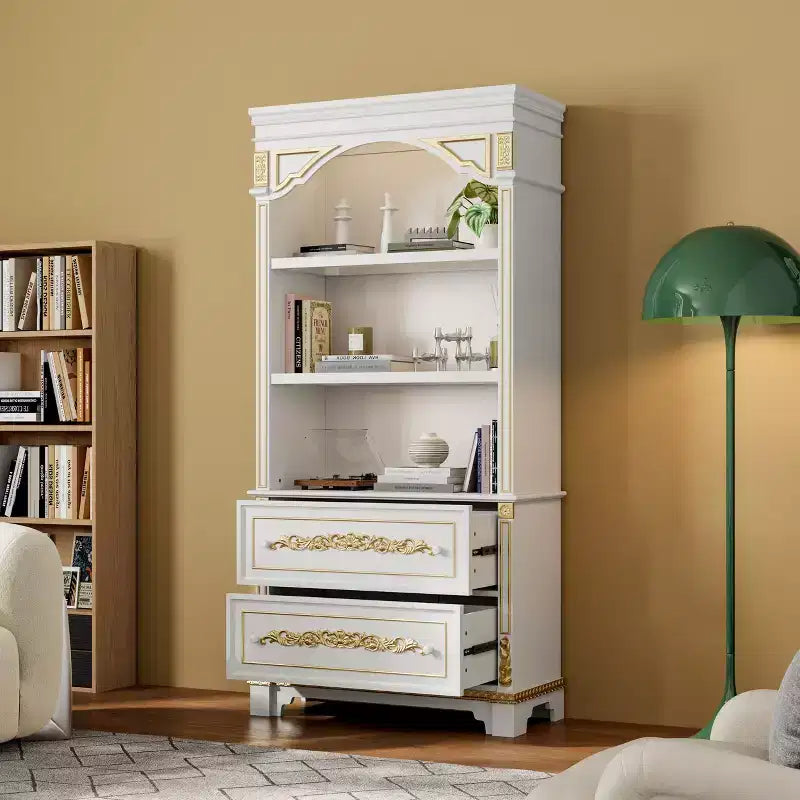White Decorative Storage Cabinet with LED Spotlight and Ornate Gold Carvings for Living Room & Entryway