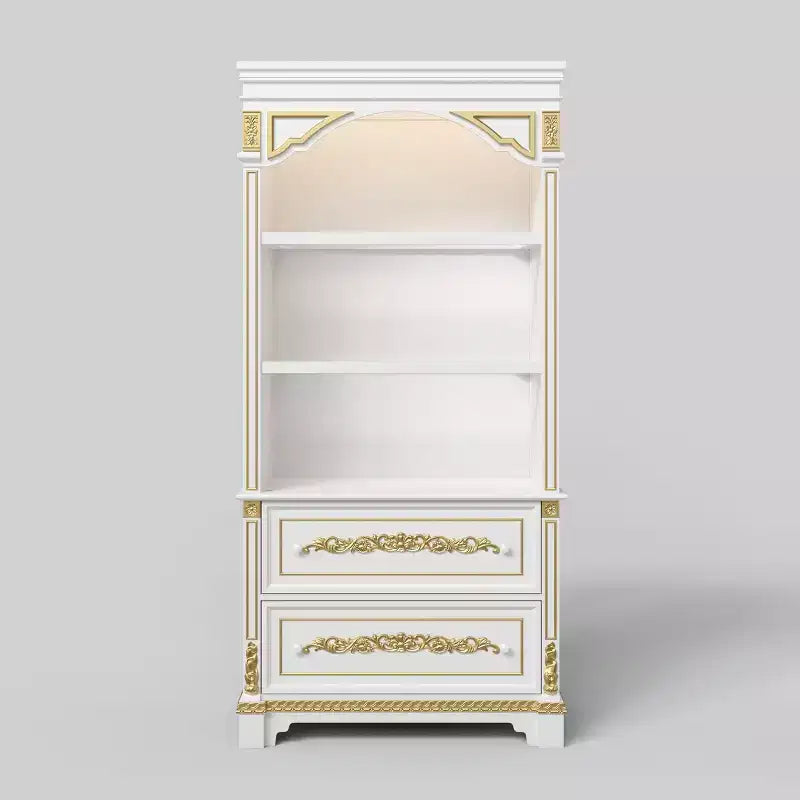 White Decorative Storage Cabinet with LED Spotlight and Ornate Gold Carvings for Living Room & Entryway
