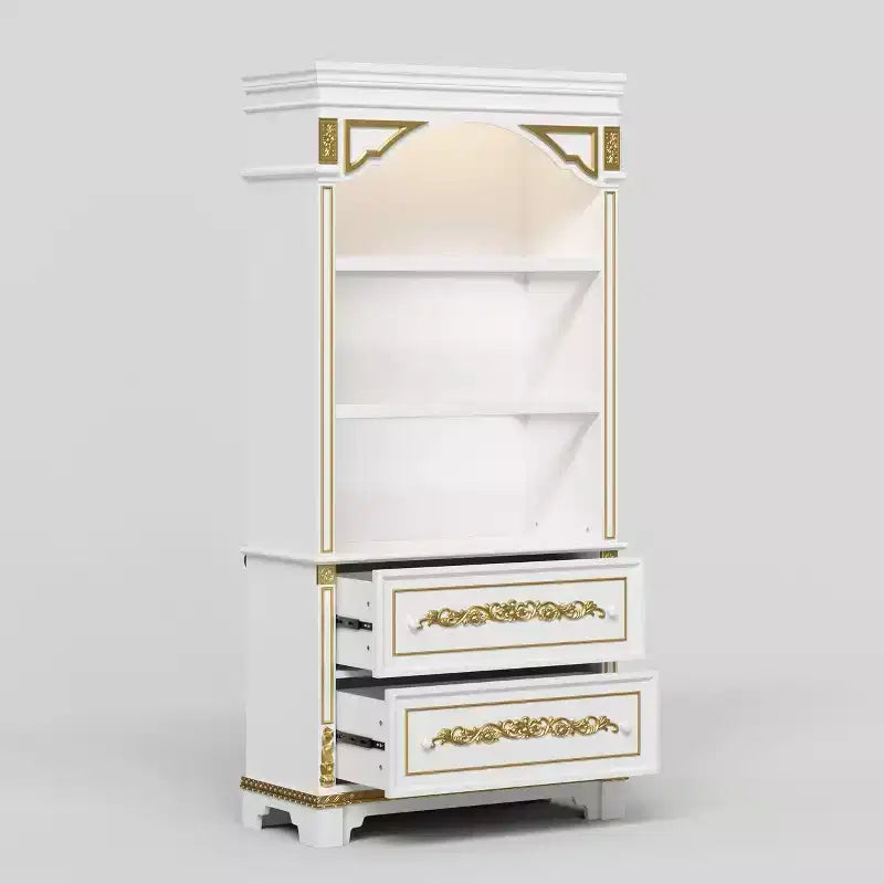 White Decorative Storage Cabinet with LED Spotlight and Ornate Gold Carvings for Living Room & Entryway