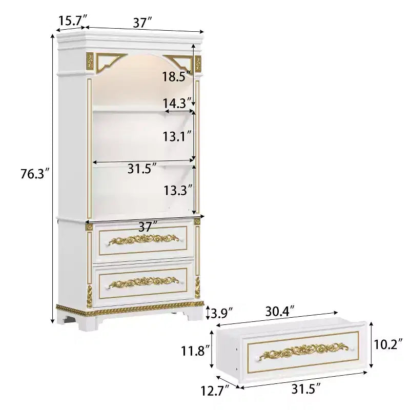 White Decorative Storage Cabinet with LED Spotlight and Ornate Gold Carvings for Living Room & Entryway