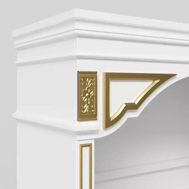 White Decorative Storage Cabinet with LED Spotlight and Ornate Gold Carvings for Living Room & Entryway