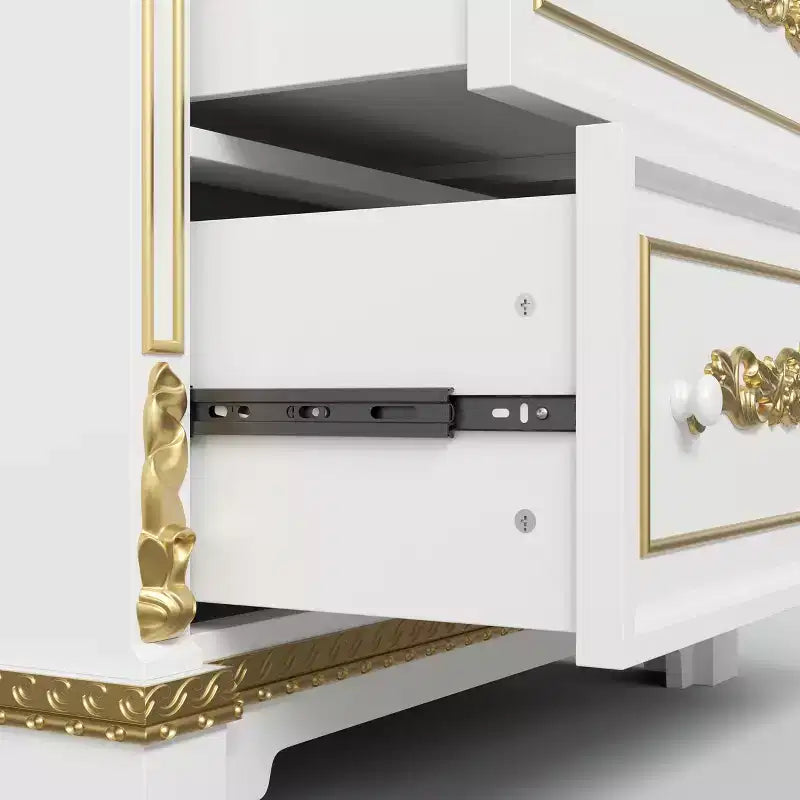 White Decorative Storage Cabinet with LED Spotlight and Ornate Gold Carvings for Living Room & Entryway