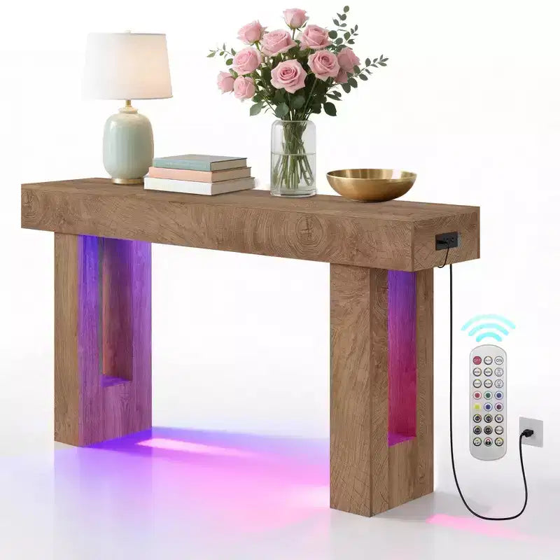 63 in Entryway Console Table, Wood Entry Way Table with Charging Station, Rustic Wood Entrance Tables for Living Room, Entryway, Foyer, Hallway