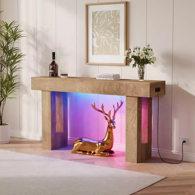 63 in Entryway Console Table, Wood Entry Way Table with Charging Station, Rustic Wood Entrance Tables for Living Room, Entryway, Foyer, Hallway
