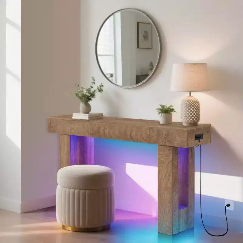 63 in Entryway Console Table, Wood Entry Way Table with Charging Station, Rustic Wood Entrance Tables for Living Room, Entryway, Foyer, Hallway