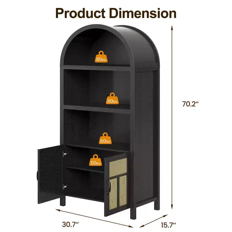 70 Arched Rattan Storage Cabinet, Boho Sideboard with Adjustable Shelves, Tall Pantry Cabinet, Black