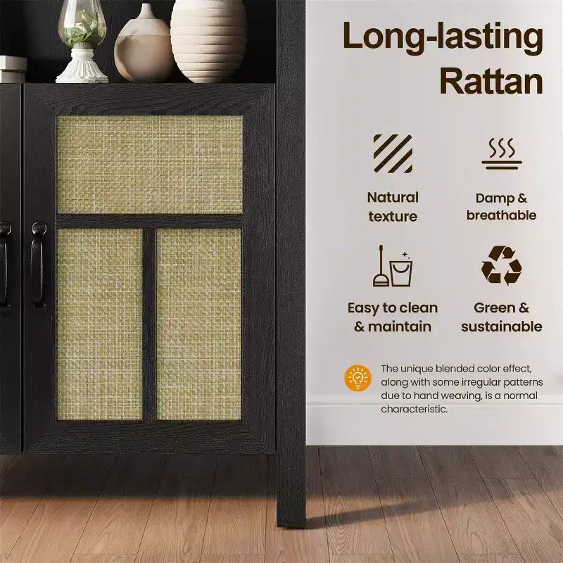 70 Arched Rattan Storage Cabinet, Boho Sideboard with Adjustable Shelves, Tall Pantry Cabinet, Black