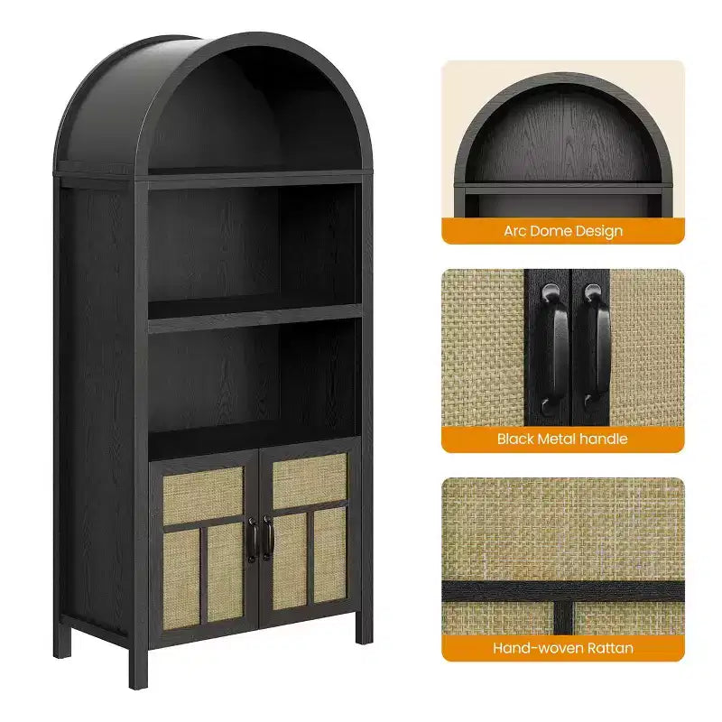 70 Arched Rattan Storage Cabinet, Boho Sideboard with Adjustable Shelves, Tall Pantry Cabinet, Black