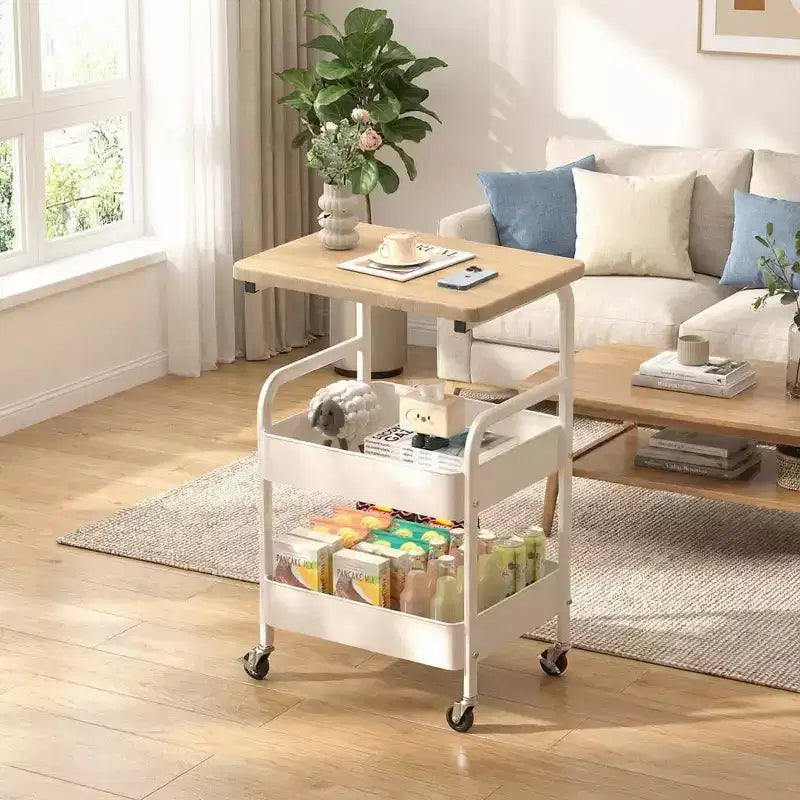 3-Tier Utility Cart with Walnut Wood Tabletop, Rolling Multi-Purpose Organizer for Snacks, Coffee and Makeup, Metal Frame with Lockable Wheels