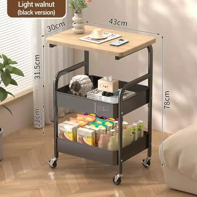 3-Tier Utility Cart with Walnut Wood Tabletop, Rolling Multi-Purpose Organizer for Snacks, Coffee and Makeup, Metal Frame with Lockable Wheels