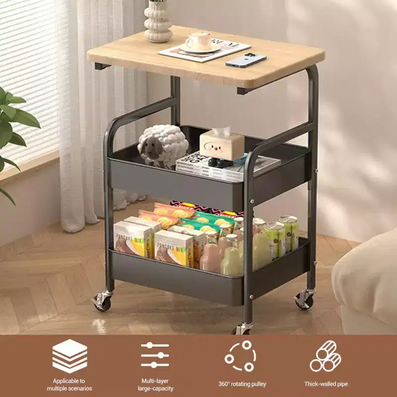 3-Tier Utility Cart with Walnut Wood Tabletop, Rolling Multi-Purpose Organizer for Snacks, Coffee and Makeup, Metal Frame with Lockable Wheels