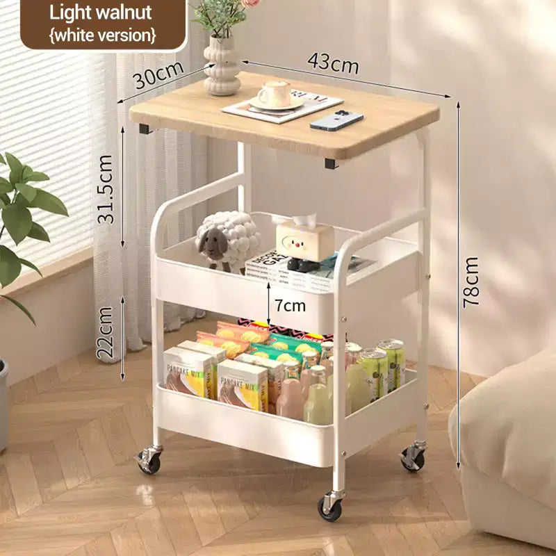 3-Tier Utility Cart with Walnut Wood Tabletop, Rolling Multi-Purpose Organizer for Snacks, Coffee and Makeup, Metal Frame with Lockable Wheels
