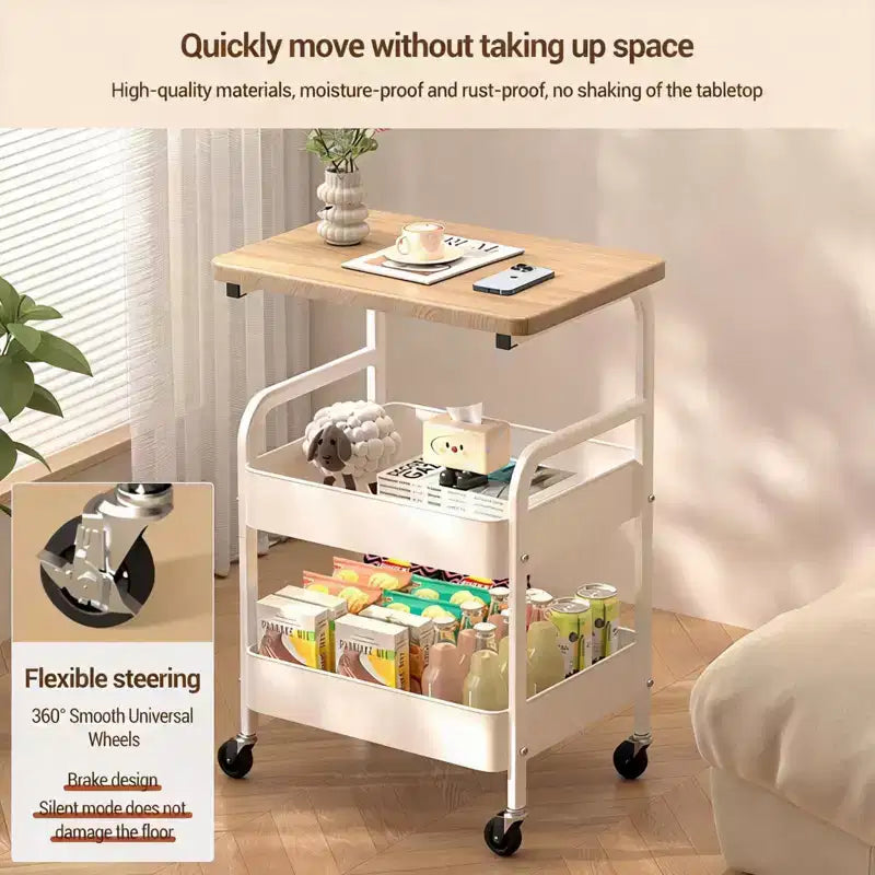 3-Tier Utility Cart with Walnut Wood Tabletop, Rolling Multi-Purpose Organizer for Snacks, Coffee and Makeup, Metal Frame with Lockable Wheels