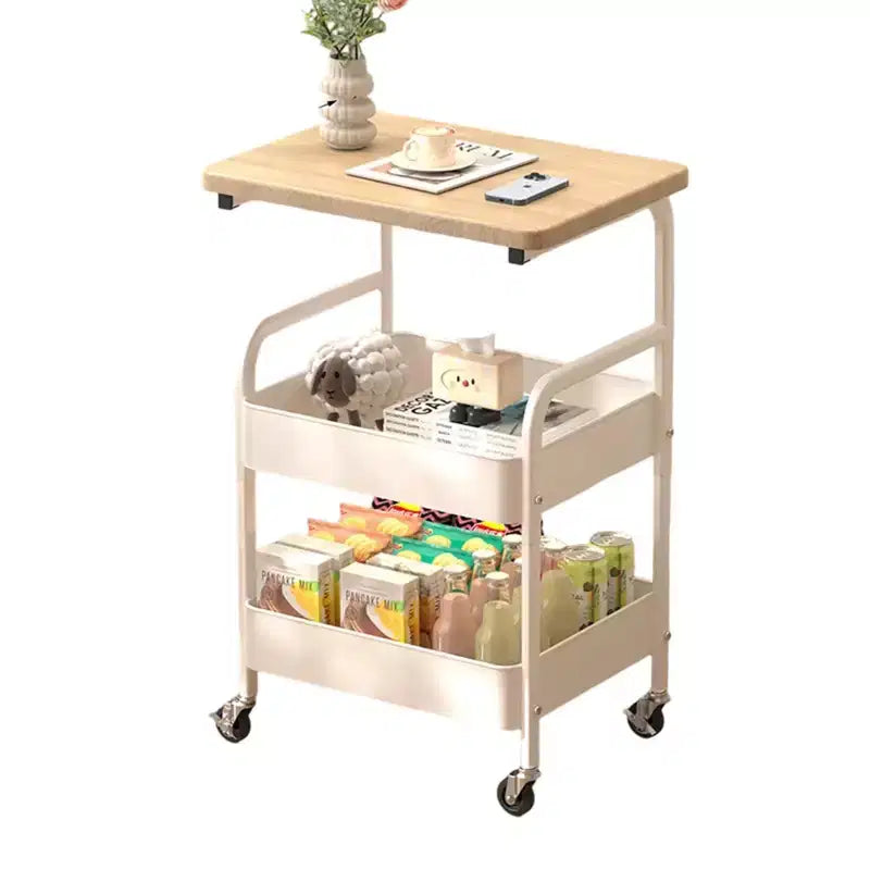 3-Tier Utility Cart with Walnut Wood Tabletop, Rolling Multi-Purpose Organizer for Snacks, Coffee and Makeup, Metal Frame with Lockable Wheels