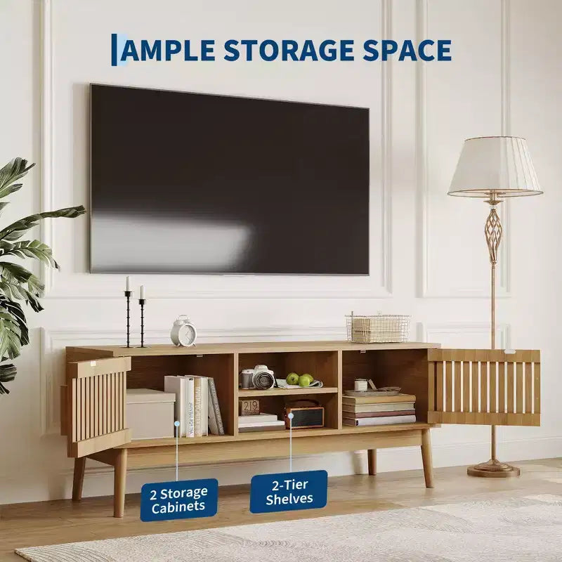 Boho TV Stand for Living Room, Entertainment Center for TVs Up to 50 Inch, Television Console Table with Storage Cabinet and Open Shelves, Natural