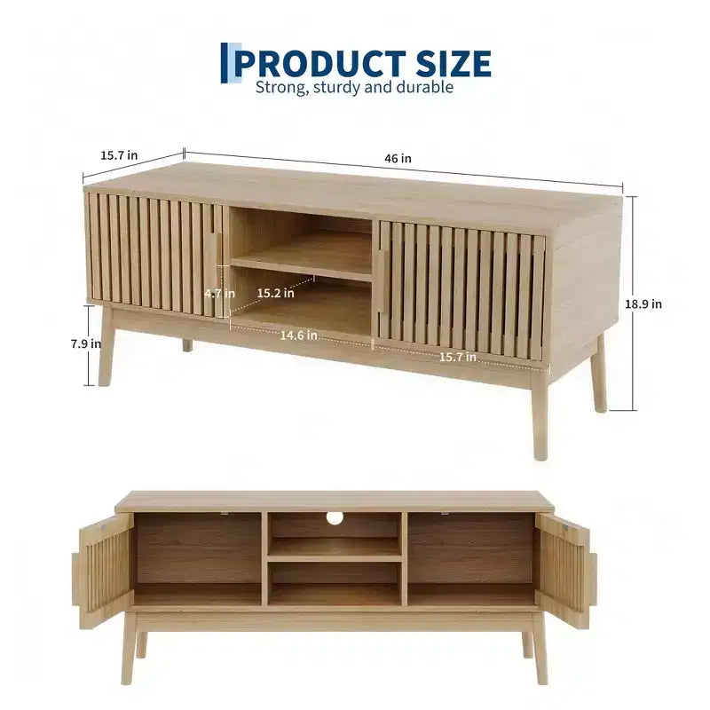 Boho TV Stand for Living Room, Entertainment Center for TVs Up to 50 Inch, Television Console Table with Storage Cabinet and Open Shelves, Natural