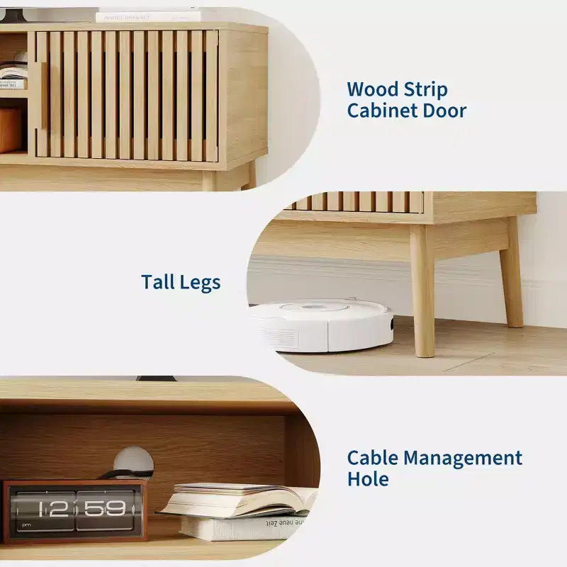 Boho TV Stand for Living Room, Entertainment Center for TVs Up to 50 Inch, Television Console Table with Storage Cabinet and Open Shelves, Natural