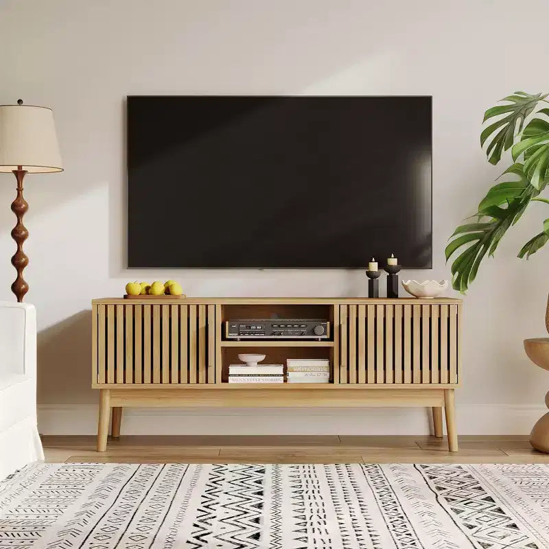 Boho TV Stand for Living Room, Entertainment Center for TVs Up to 50 Inch, Television Console Table with Storage Cabinet and Open Shelves, Natural