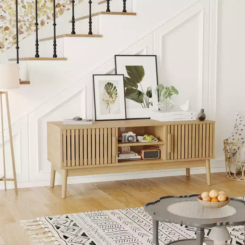 Boho TV Stand for Living Room, Entertainment Center for TVs Up to 50 Inch, Television Console Table with Storage Cabinet and Open Shelves, Natural