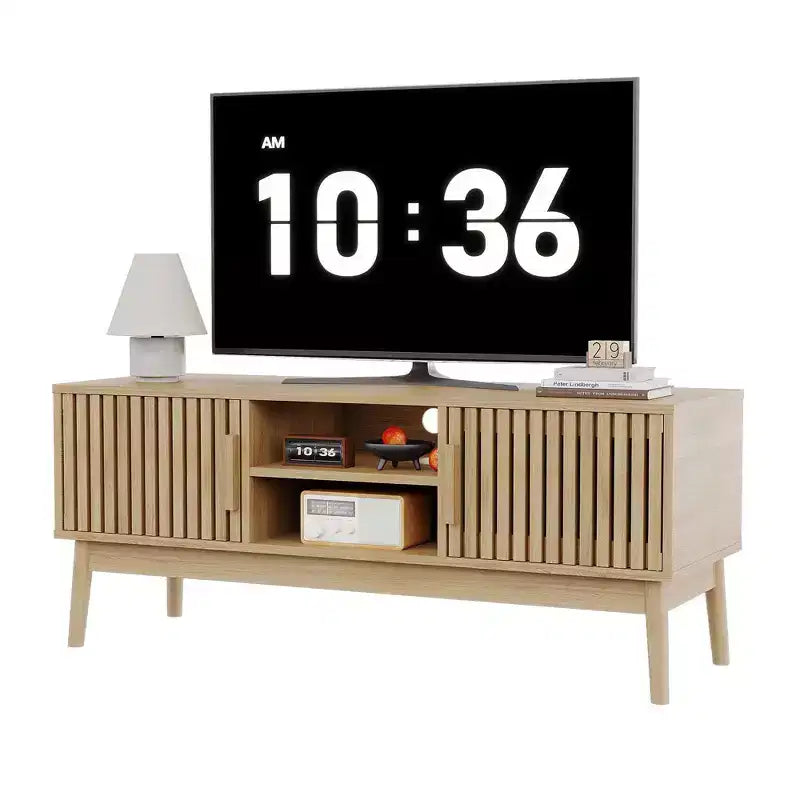 Boho TV Stand for Living Room, Entertainment Center for TVs Up to 50 Inch, Television Console Table with Storage Cabinet and Open Shelves, Natural