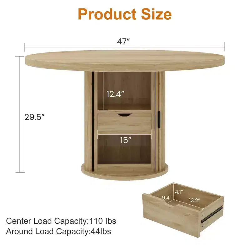 47 Round Dining Table for 4 w/ Storage Shelf & Drawer - Farmhouse Circle Table Sliding Doors, Natural Wood, Living Room