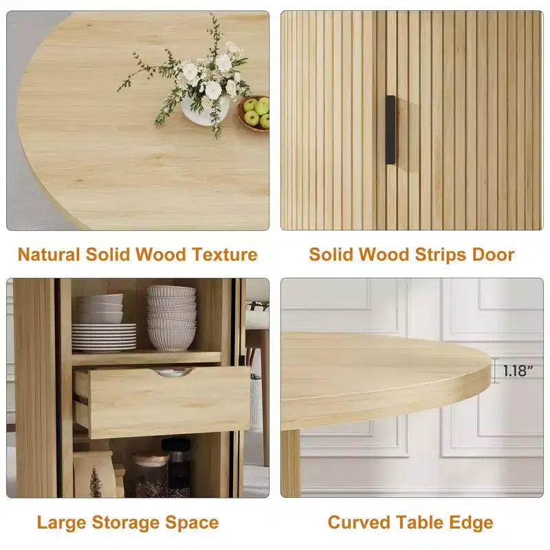 47 Round Dining Table for 4 w/ Storage Shelf & Drawer - Farmhouse Circle Table Sliding Doors, Natural Wood, Living Room