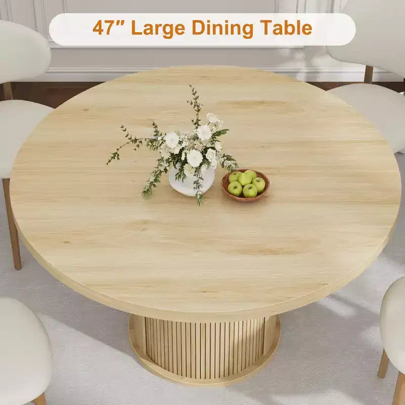 47 Round Dining Table for 4 w/ Storage Shelf & Drawer - Farmhouse Circle Table Sliding Doors, Natural Wood, Living Room