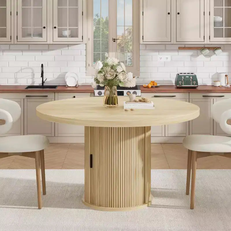 47 Round Dining Table for 4 w/ Storage Shelf & Drawer - Farmhouse Circle Table Sliding Doors, Natural Wood, Living Room