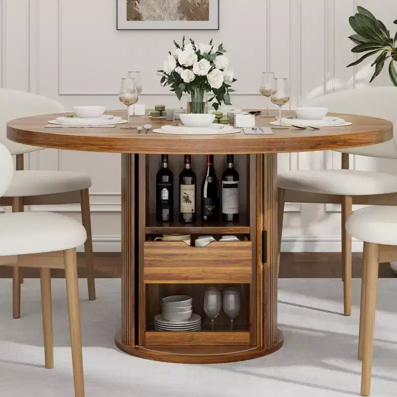 47 Round Dining Table for 4 w/ Storage Shelf & Drawer - Farmhouse Circle Table Sliding Doors, Natural Wood, Living Room