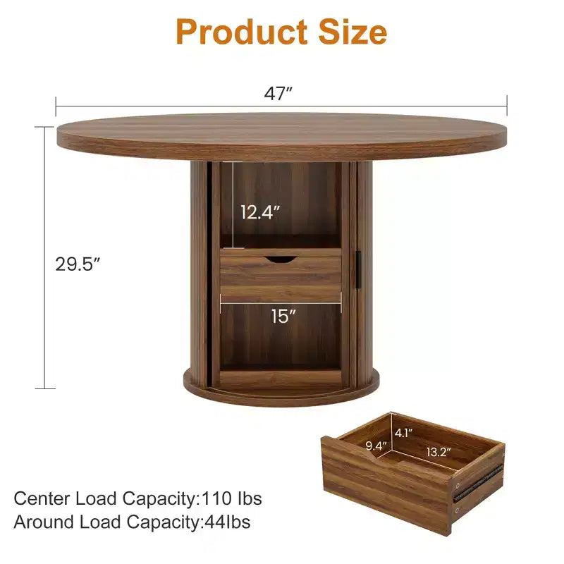 47 Round Dining Table for 4 w/ Storage Shelf & Drawer - Farmhouse Circle Table Sliding Doors, Natural Wood, Living Room