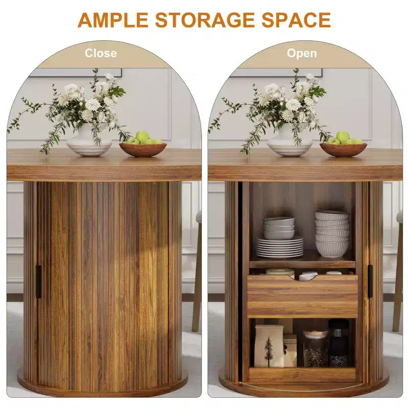 47 Round Dining Table for 4 w/ Storage Shelf & Drawer - Farmhouse Circle Table Sliding Doors, Natural Wood, Living Room