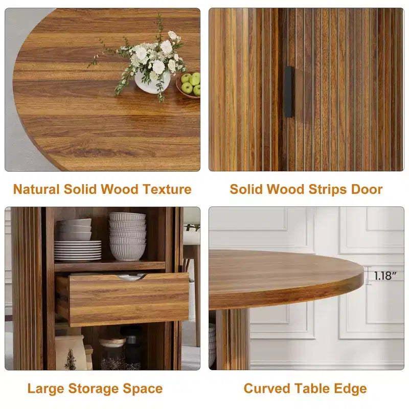 47 Round Dining Table for 4 w/ Storage Shelf & Drawer - Farmhouse Circle Table Sliding Doors, Natural Wood, Living Room