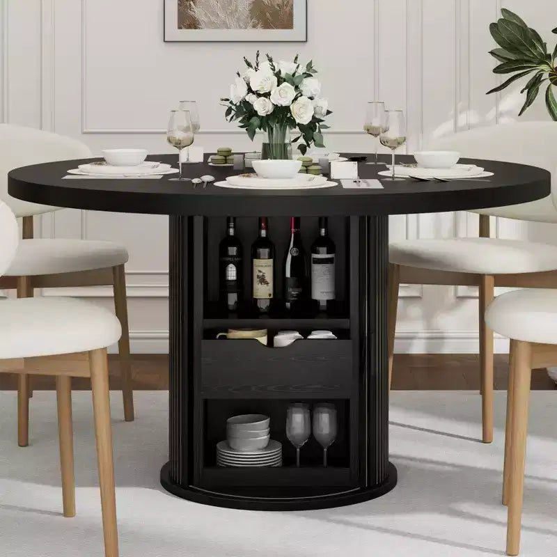 47 Round Dining Table for 4 w/ Storage Shelf & Drawer - Farmhouse Circle Table Sliding Doors, Natural Wood, Living Room