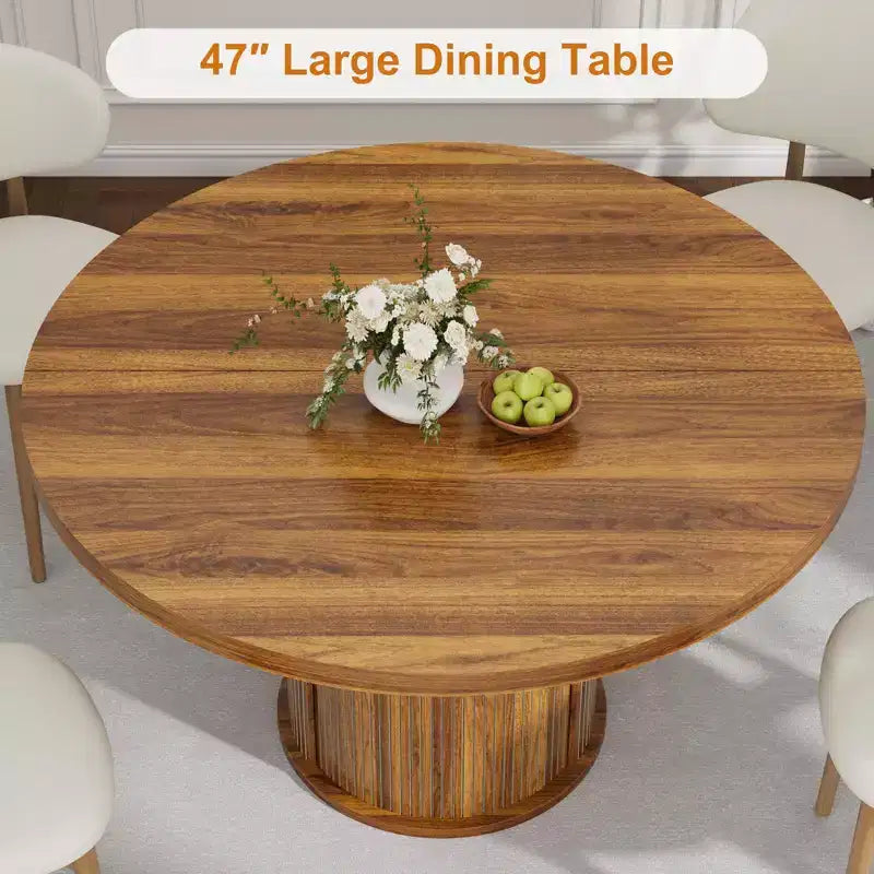 47 Round Dining Table for 4 w/ Storage Shelf & Drawer - Farmhouse Circle Table Sliding Doors, Natural Wood, Living Room