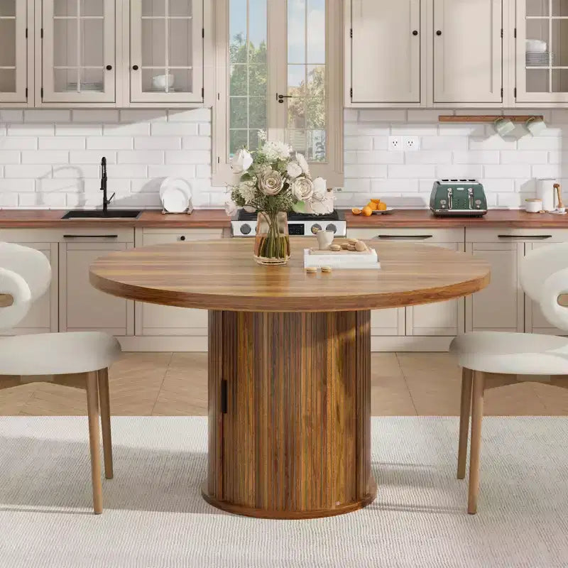 47 Round Dining Table for 4 w/ Storage Shelf & Drawer - Farmhouse Circle Table Sliding Doors, Natural Wood, Living Room