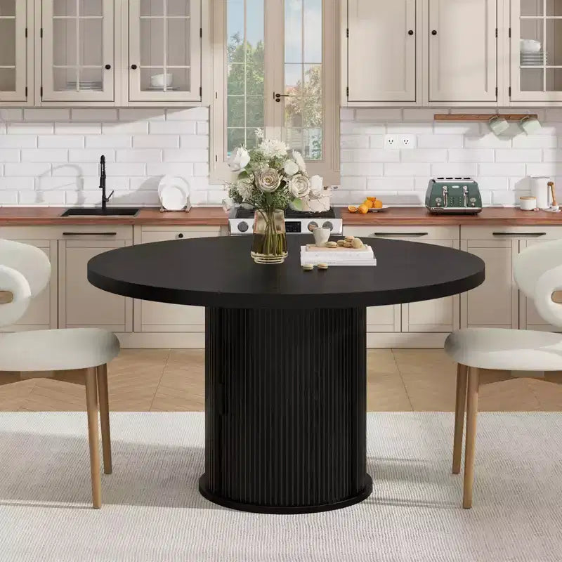 47 Round Dining Table for 4 w/ Storage Shelf & Drawer - Farmhouse Circle Table Sliding Doors, Natural Wood, Living Room