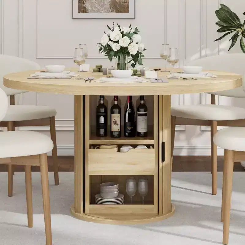 47 Round Dining Table for 4 w/ Storage Shelf & Drawer - Farmhouse Circle Table Sliding Doors, Natural Wood, Living Room