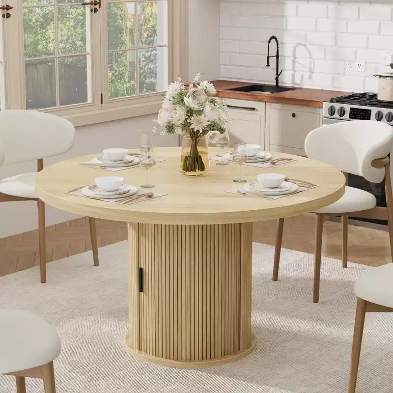 47 Round Dining Table for 4 w/ Storage Shelf & Drawer - Farmhouse Circle Table Sliding Doors, Natural Wood, Living Room