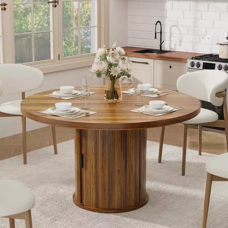 47 Round Dining Table for 4 w/ Storage Shelf & Drawer - Farmhouse Circle Table Sliding Doors, Natural Wood, Living Room