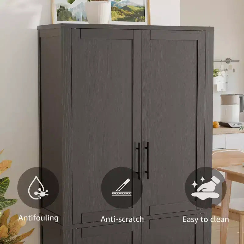 Kitchen Pantry Cabinet, Freestanding Food Storage Cabinet with 4 Doors & Adjustable Shelves, Floor Utility Storage Organizer