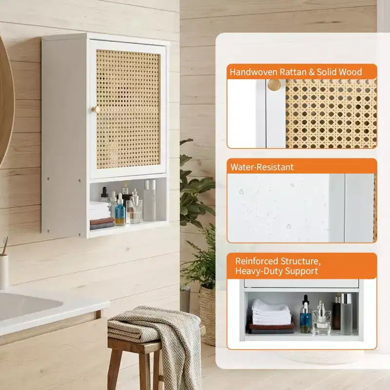 Bamboo Bathroom Wall Cabinet with Rattan Doors - Adjustable Shelf Medicine Cabinet & Space-Saving Over Toilet Storage Organizer