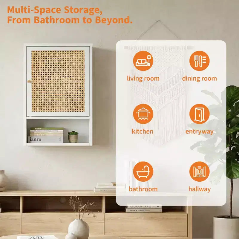 Bamboo Bathroom Wall Cabinet with Rattan Doors - Adjustable Shelf Medicine Cabinet & Space-Saving Over Toilet Storage Organizer