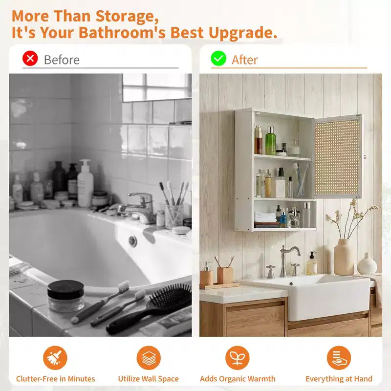 Bamboo Bathroom Wall Cabinet with Rattan Doors - Adjustable Shelf Medicine Cabinet & Space-Saving Over Toilet Storage Organizer