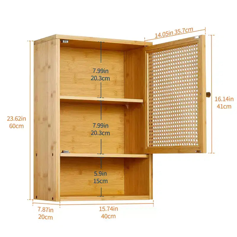 Bamboo Bathroom Wall Cabinet with Rattan Doors - Adjustable Shelf Medicine Cabinet & Space-Saving Over Toilet Storage Organizer