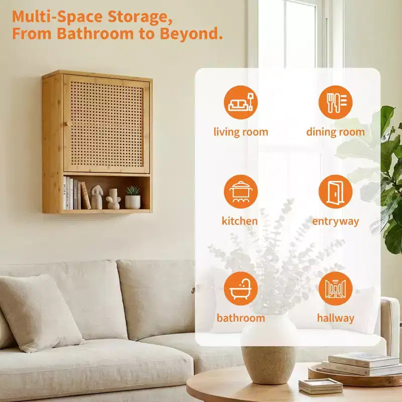 Bamboo Bathroom Wall Cabinet with Rattan Doors - Adjustable Shelf Medicine Cabinet & Space-Saving Over Toilet Storage Organizer