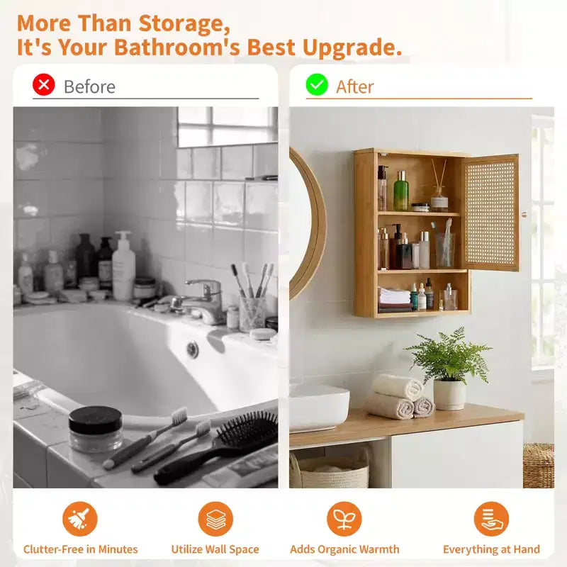 Bamboo Bathroom Wall Cabinet with Rattan Doors - Adjustable Shelf Medicine Cabinet & Space-Saving Over Toilet Storage Organizer